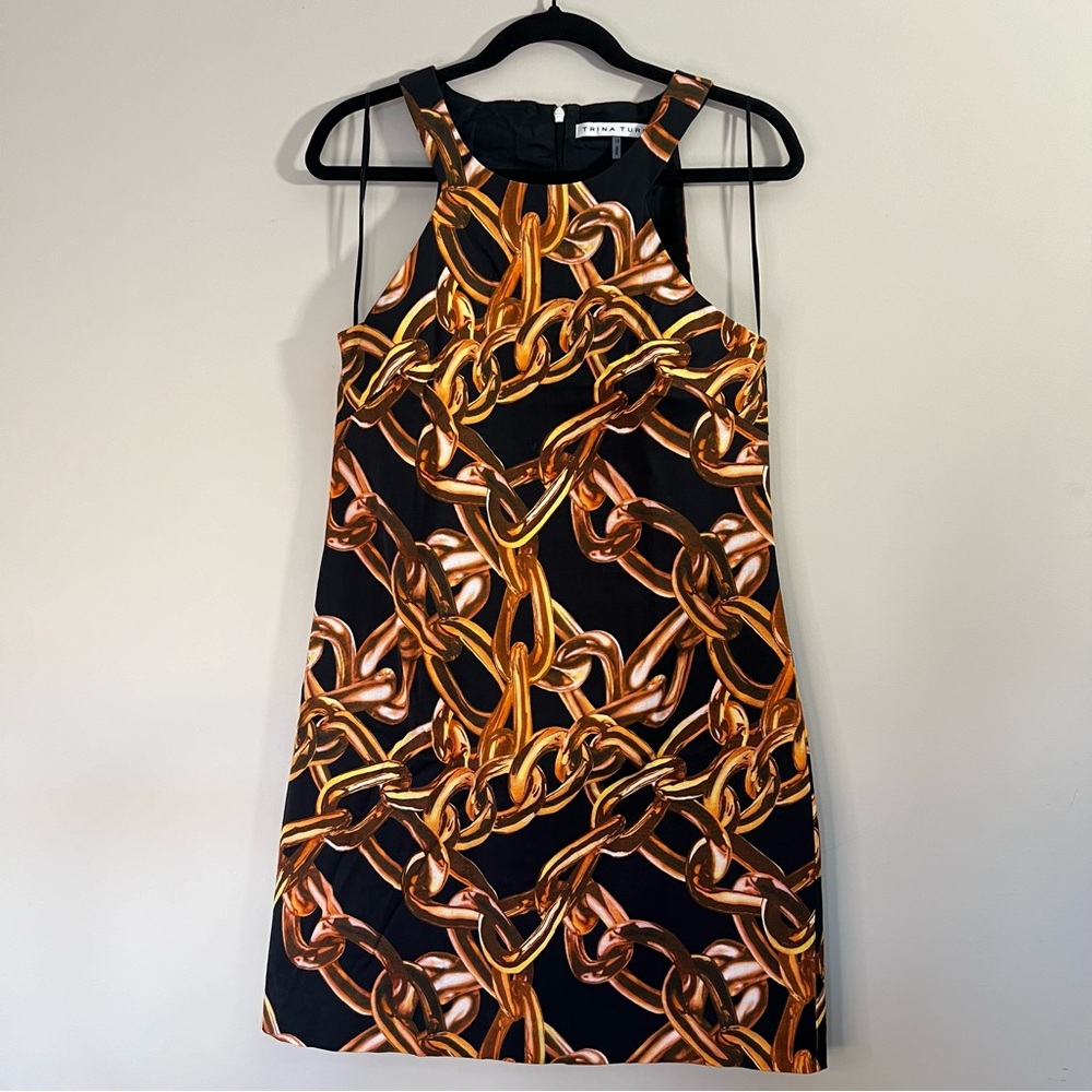Trina Turk Aptos Black and Gold Chain Pattern High Neck Dress - Size 10 - EUC - Picture 3 of 8